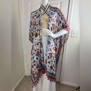 Ruggine Multi Color Bright Floral Lightweight Kimono with Pom Pom Trim.